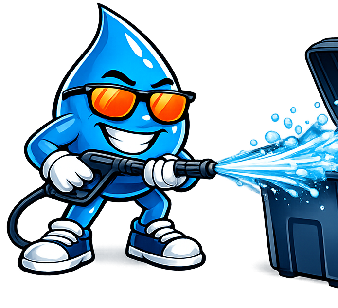 Wash Mode mascot pressure washing and sanitizing a trash bin