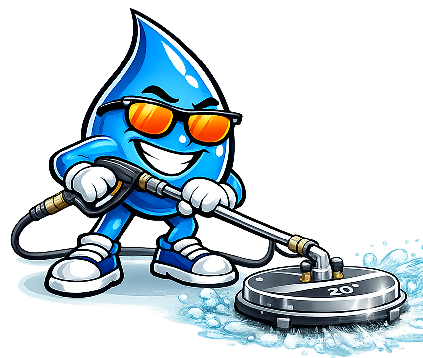 Wash Mode mascot pressure washing a driveway