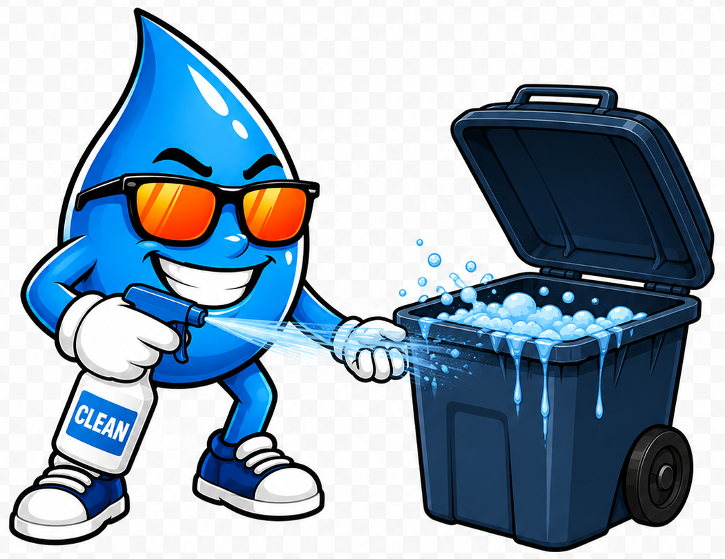 Wash Mode mascot applying cleaning solution to a trash bin