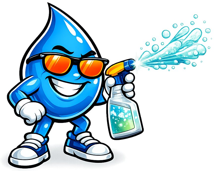 Wash Mode mascot applying pre-treatment to a driveway