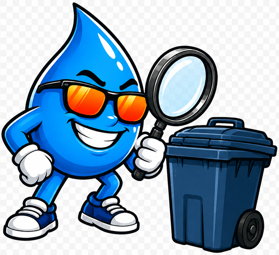 Wash Mode mascot inspecting a trash bin