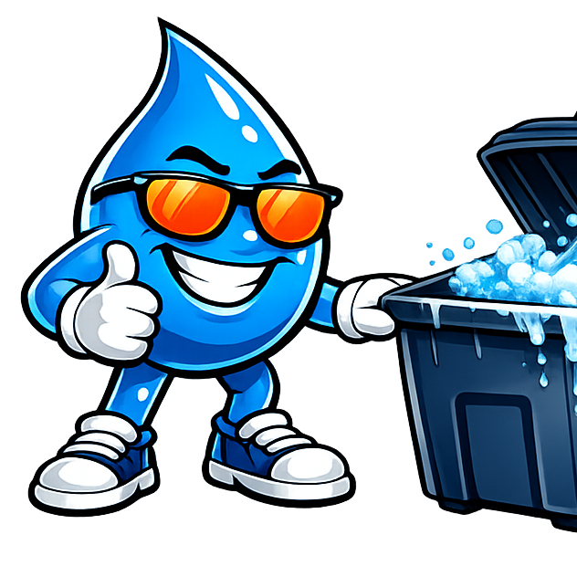 Wash Mode mascot completing the final trash bin inspection